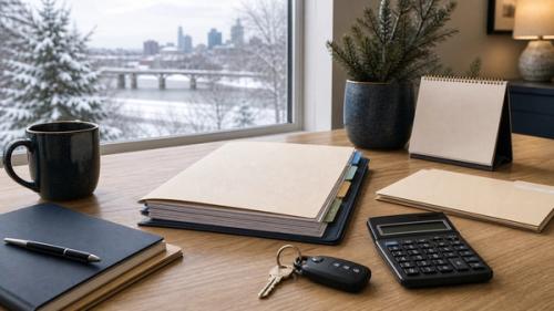 Minnesota personal injury claim planning table with calendar, medical folder, car keys, and calculator