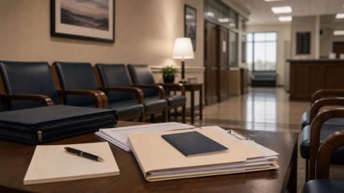 Empty immigration hearing waiting area with folder and passport-like booklet for a Mississippi employment immigration guide