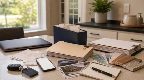 Consumer evidence file with receipts, phone, car key, and home improvement sample for an Illinois fraud article