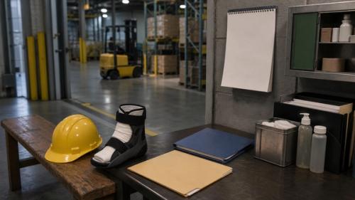 Illinois workers compensation filing scene with workplace injury and blank claim forms