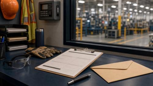 Factory office claim filing scene with clipboard, safety glasses, gloves, and envelope for a Dayton workers compensation guide