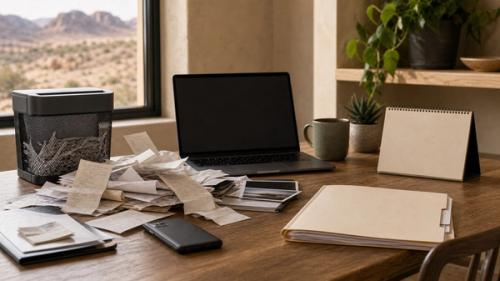 Consumer workspace contrasting messy receipts with an organized evidence folder for a Utah consumer protection article