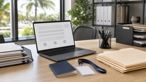 Florida workplace compliance scene with blank immigration and hiring documents