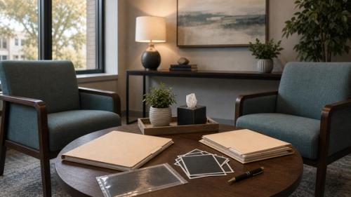 Empty mediation room with settlement folder and exhibit photos for a North Carolina slip and fall settlement article