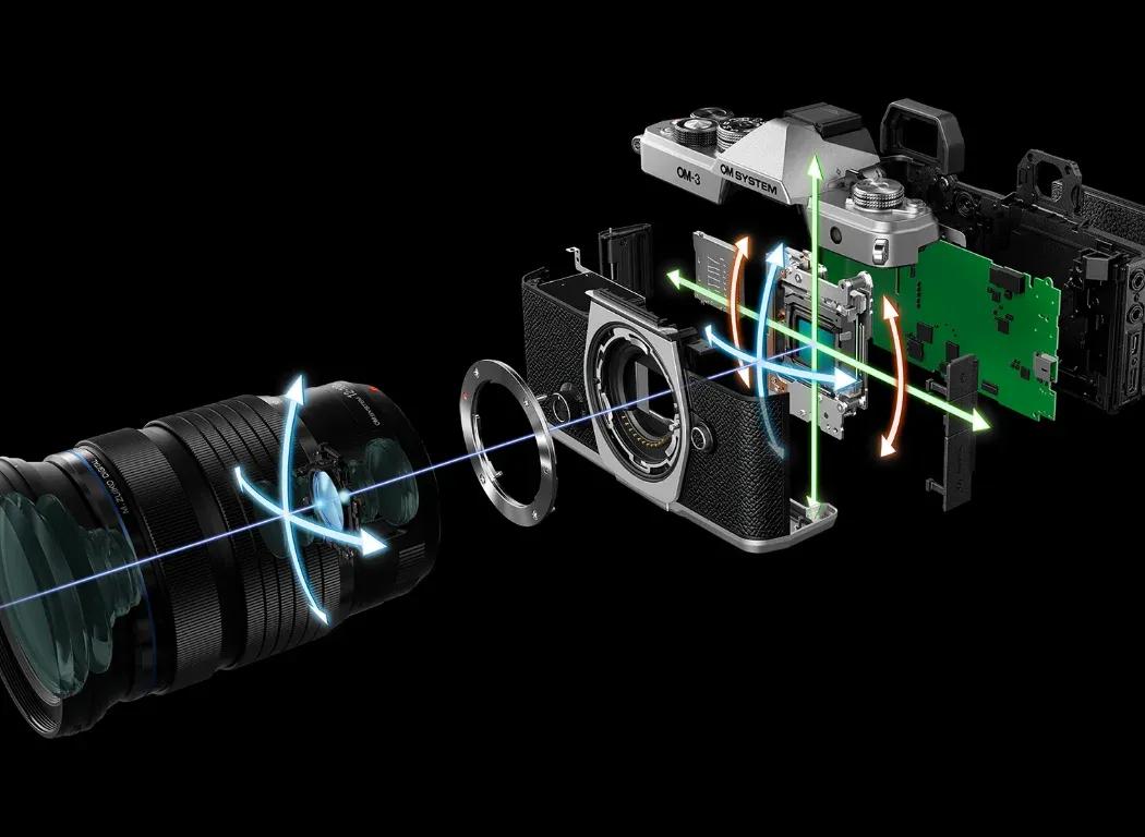 Diagram showing the OM SYSTEM OM-3 and a lens and how they work together to allow for IBIS up to 7.5 stops EV.