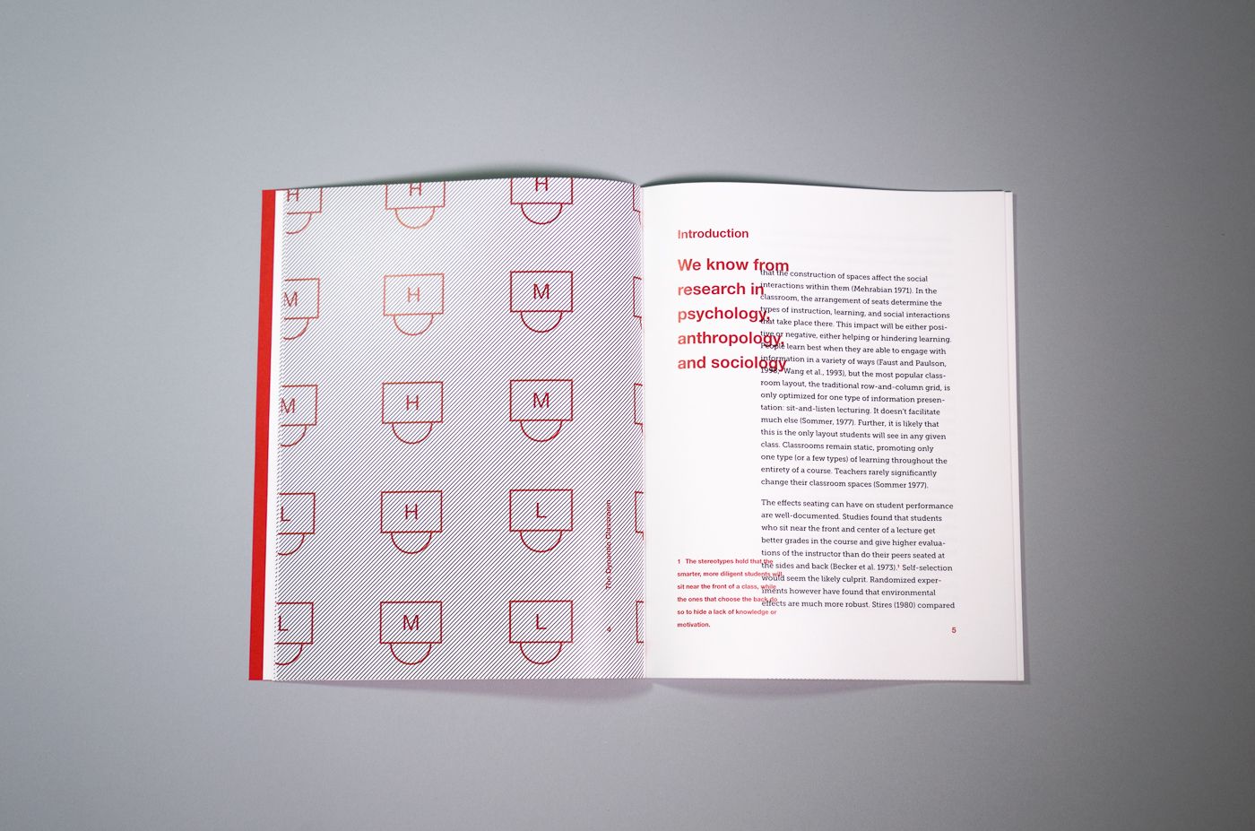 Introduction: the left page shows a layout of classroom desks. The right shows the introduction text.
