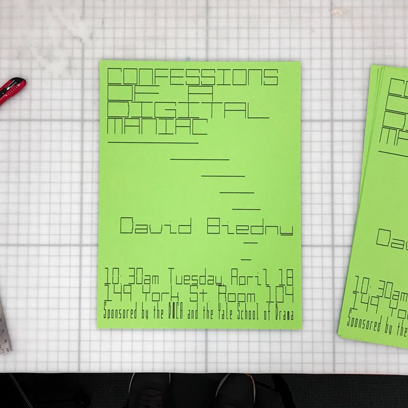 A light green poster reads: Confessions of a Digital Maniac, David Biedny