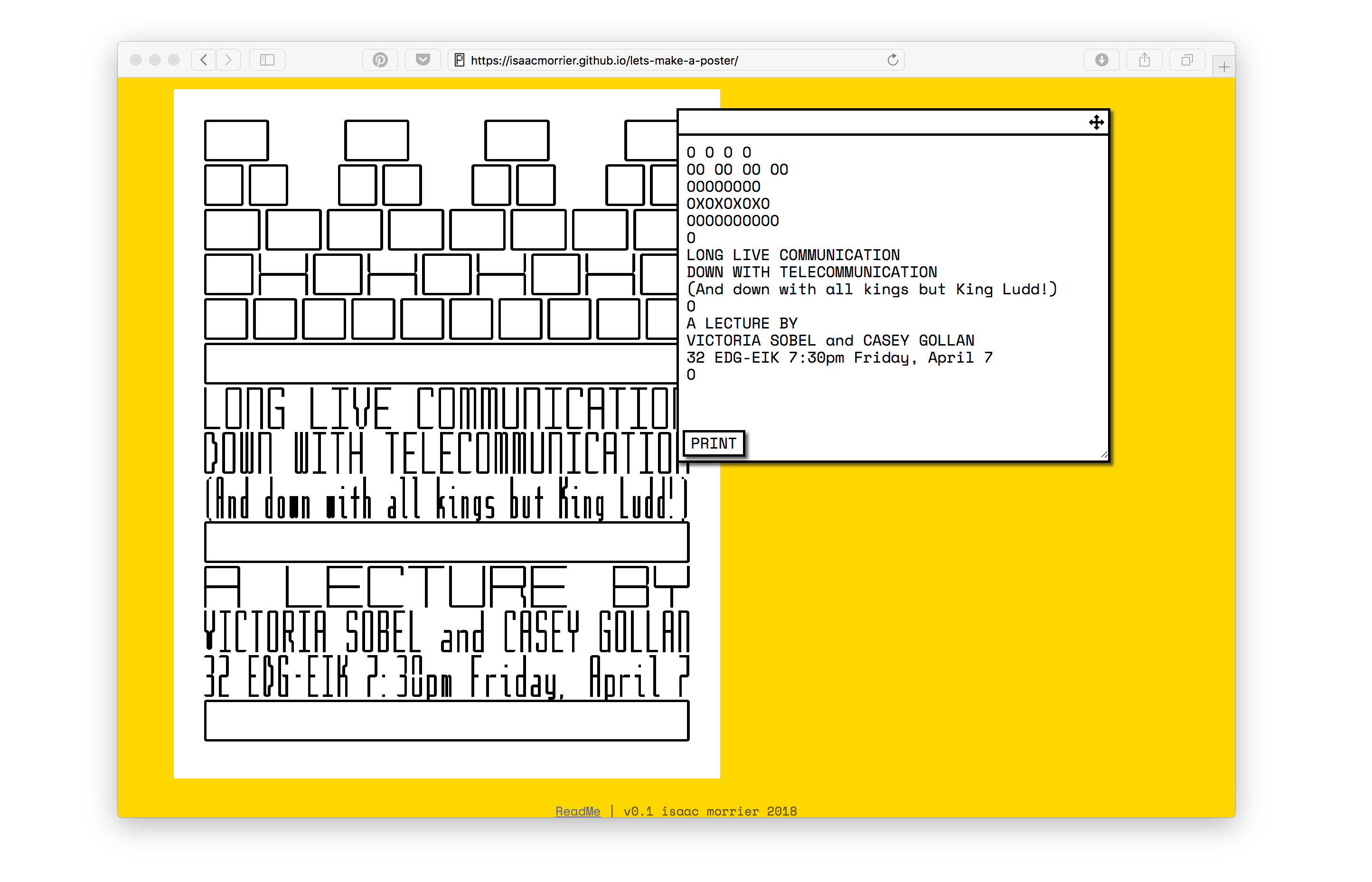 The Let’s Make a Poster website. A poster with simple black and white typography in the shape of a crown is on the left. On the right is a text box with the letters that make up the poster.