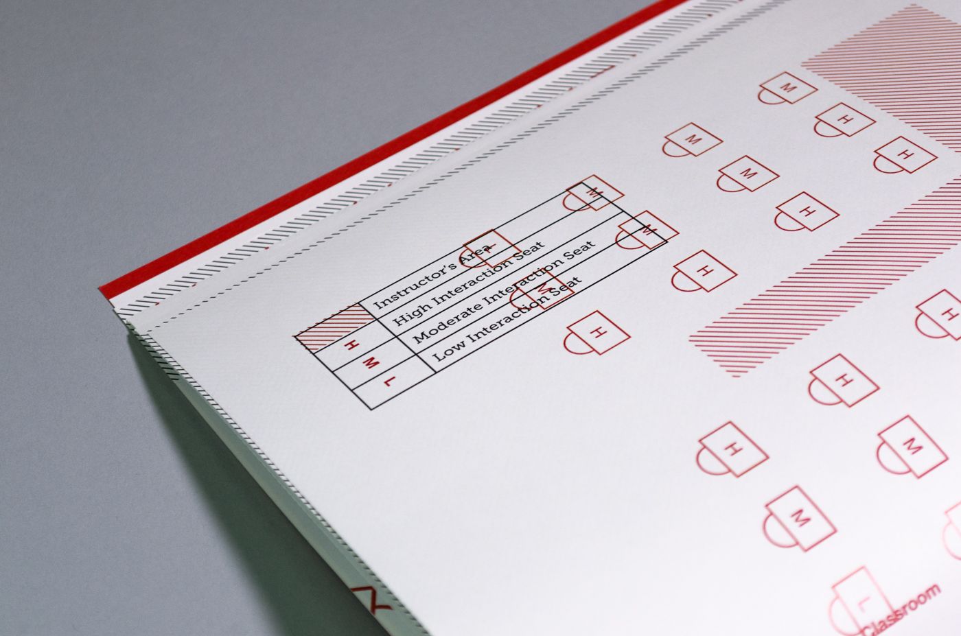 A detail of the classroom diagram key, showing the instructor’s area and the symbols for high, medium, and low interaction seats