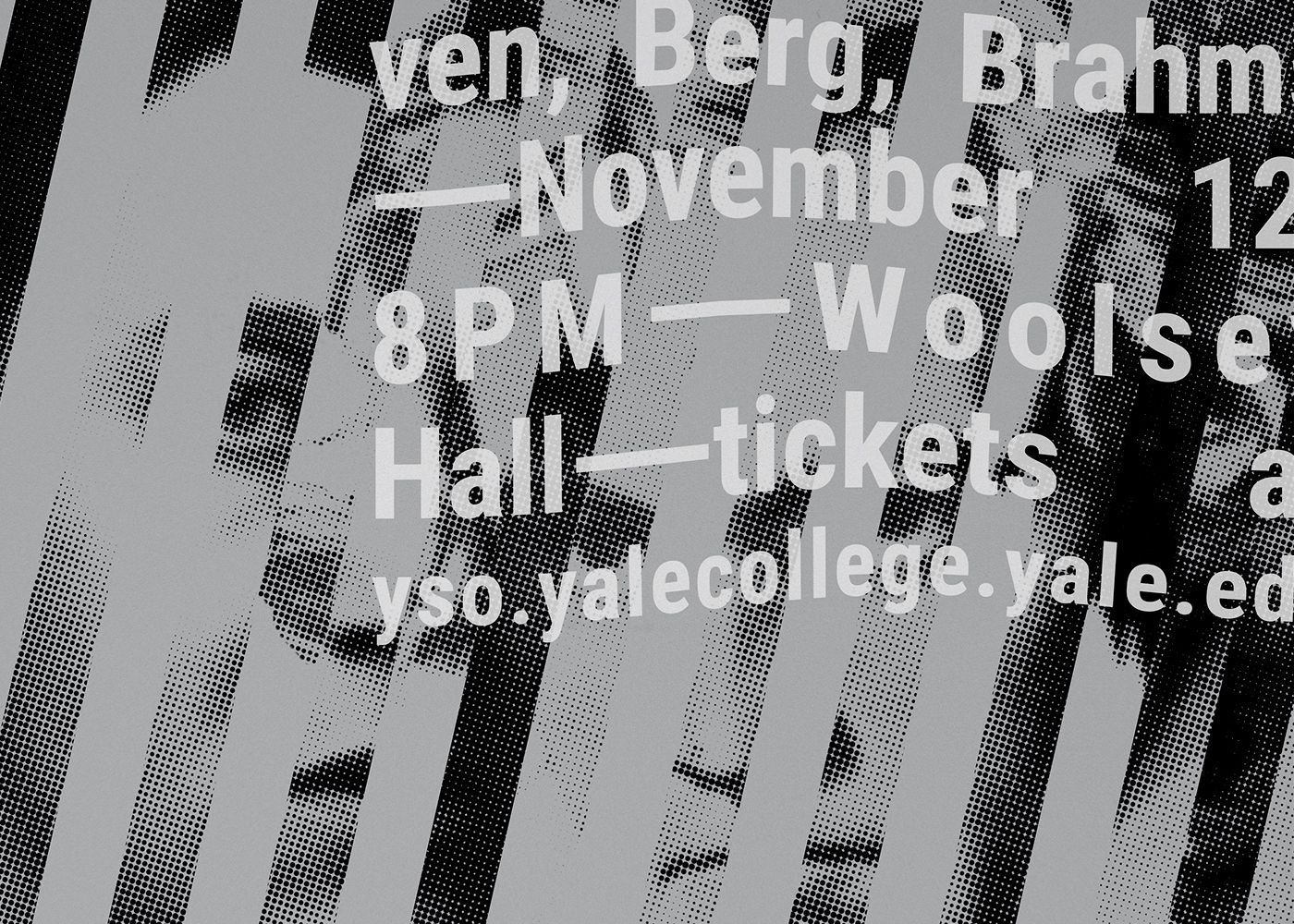 Detail of poster for Three Viennese Bees: collaged images of Beethoven, Berg, and Brahms on a gray background, overlaid with wavy white typography.