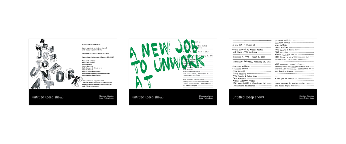 Three sketches for the gallery wall. The first shows large 3D letters tumbling down the page. The second, green text painted in rough brushstrokes. The third, distorted lines of small typewriter-esque writing.