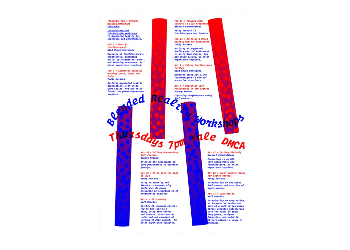Blended Reality Workshops schedule poster with 3D red and blue bars