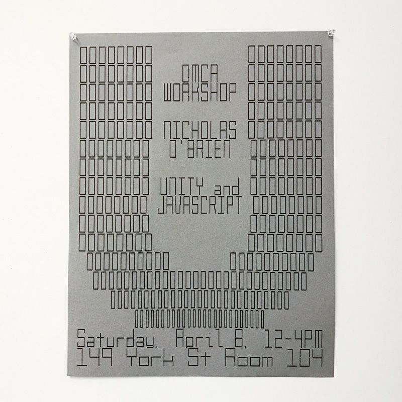 Poster for DMCA Unity and Javascript workshop: a large letter U is made up of dozens of rectangles.