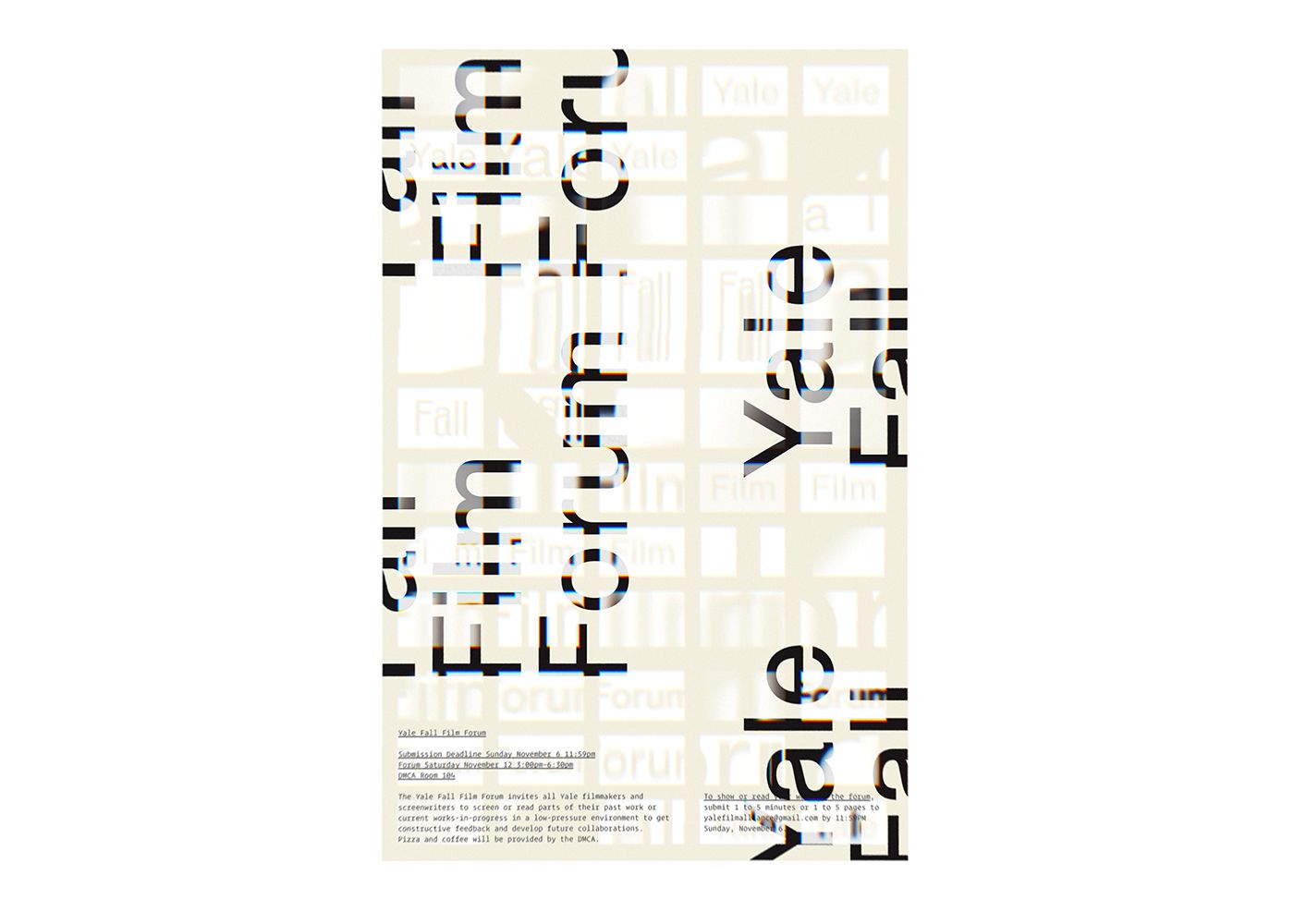 Minimalist Swiss International style poster for the Yale Fall Film Forum. Distorted film frames are lightly tiled across the surface of the poster.