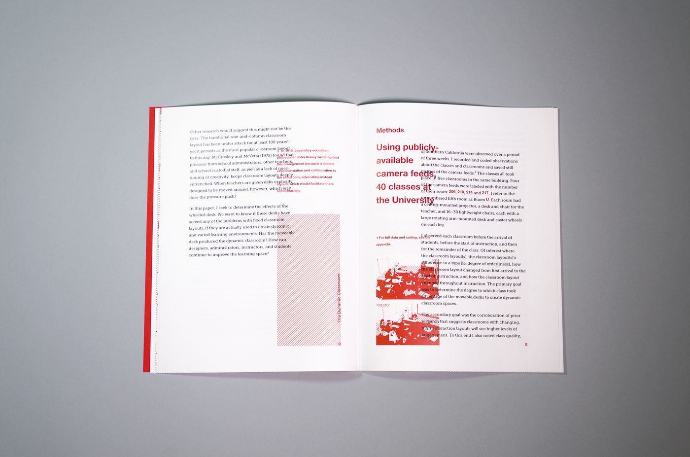Methods: classrooms were observed through publicly-available camera feeds at the University of California, Berkeley. The spread also shows two photos of classrooms, printed in red in the margin.