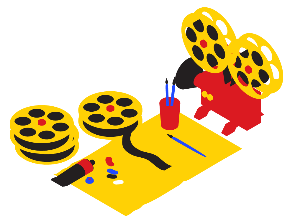 Blue, red, and yellow illustration of a film projector and painter’s placemat. Reels of film are stacked next to the mat. On the mat is a span of film, palette of paint, and set of paint brushes.
