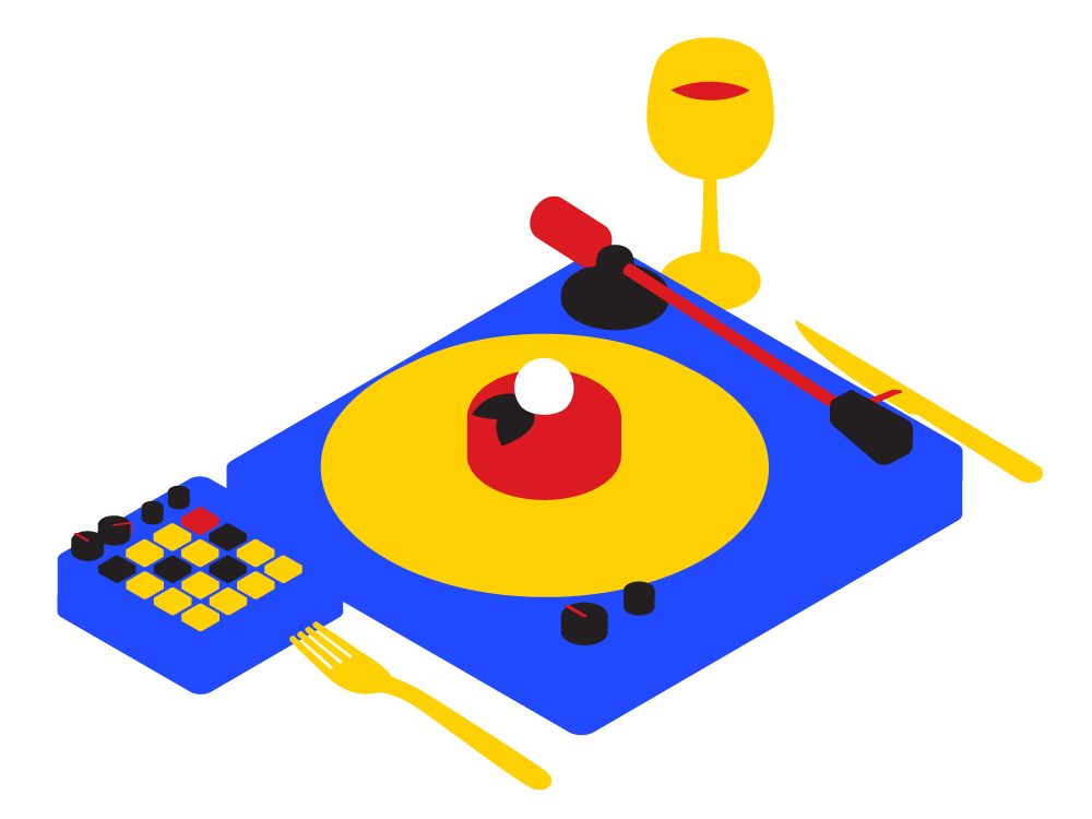 Blue, red, and yellow illustration of a DJ’s turntable and electronic controller. On the turntable is a plate with a desert and garnish on top. Next to the turntable are a fork, knife, and glass of wine, arranged like a place setting.