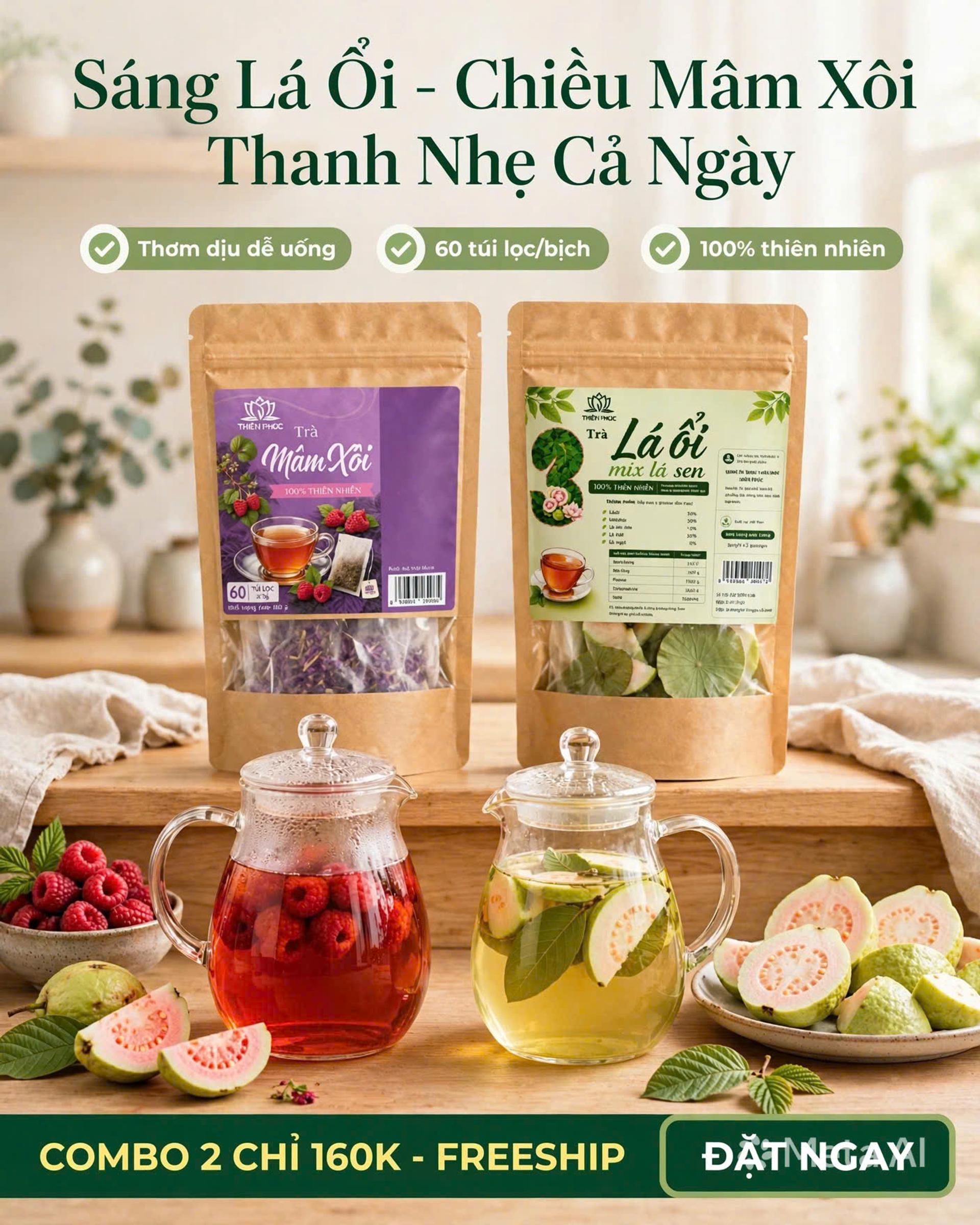 Combo Trà Lá Ổi & Trà Mâm Xôi - Thanh Nhẹ Mỗi Ngày - Trà thảo mộc túi lọc Tĩnh Diệp - Ảnh 3