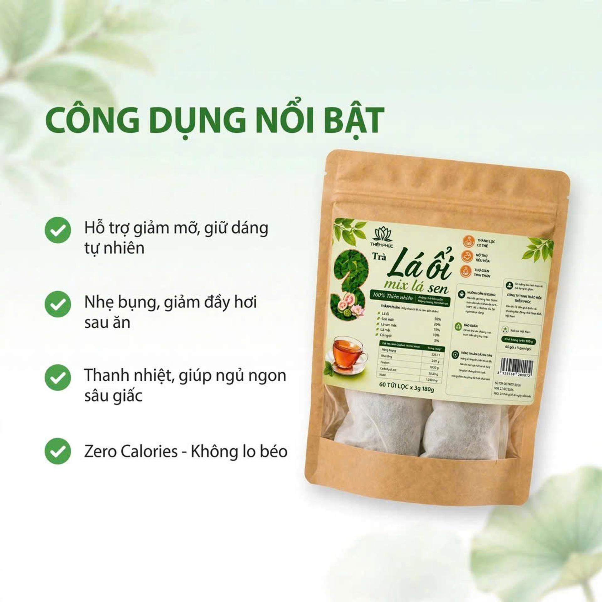 Trà Lá Ổi Mix Lá Sen (Hộp 60 Túi Lọc) Hỗ trợ thanh lọc cơ thể, giảm cảm giác ì ạch, tốt cho tiêu hóa - Trà thảo mộc túi lọc Tĩnh Diệp - Ảnh 3