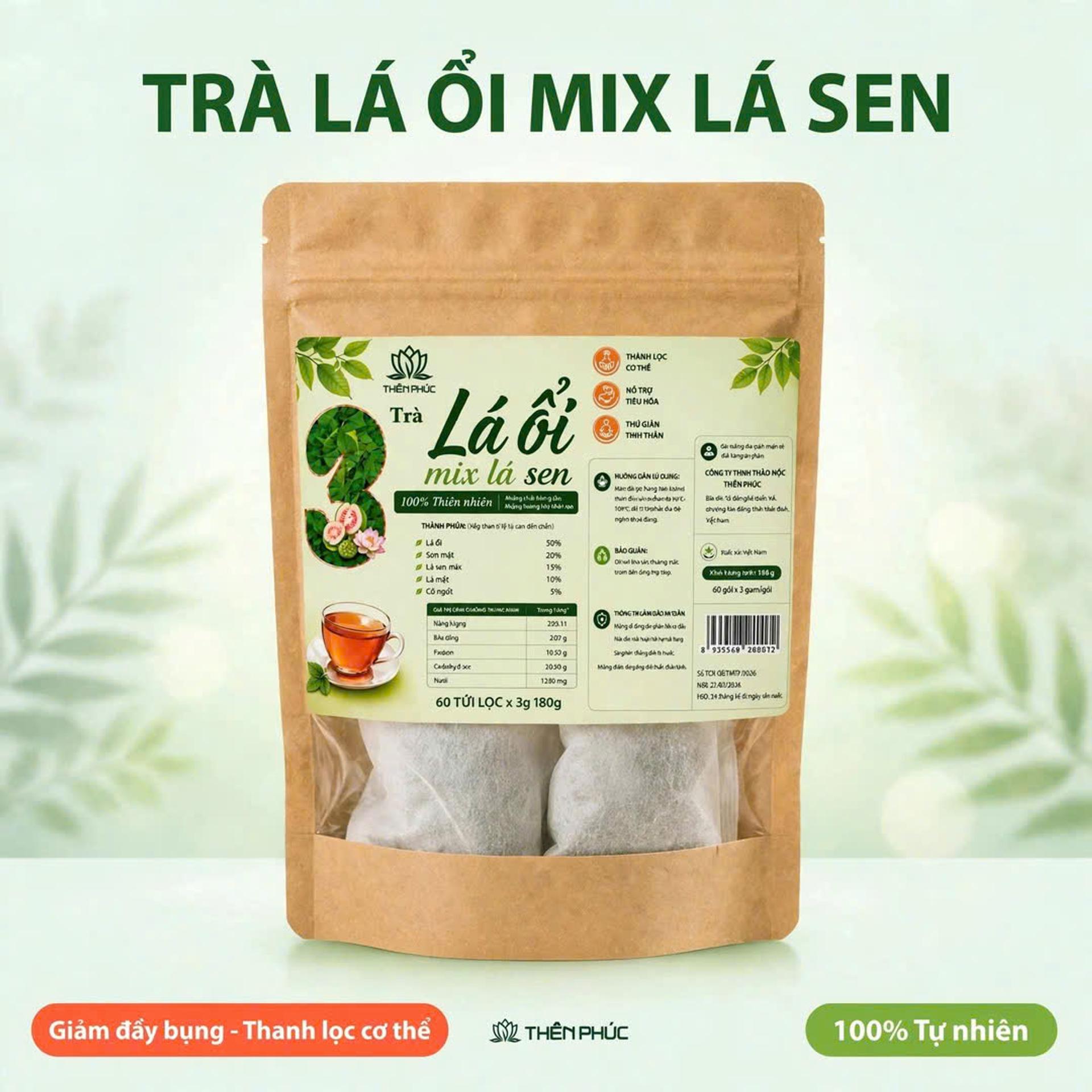 Trà Lá Ổi Mix Lá Sen (Hộp 60 Túi Lọc) Hỗ trợ thanh lọc cơ thể, giảm cảm giác ì ạch, tốt cho tiêu hóa - Trà thảo mộc túi lọc Tĩnh Diệp - Ảnh 1