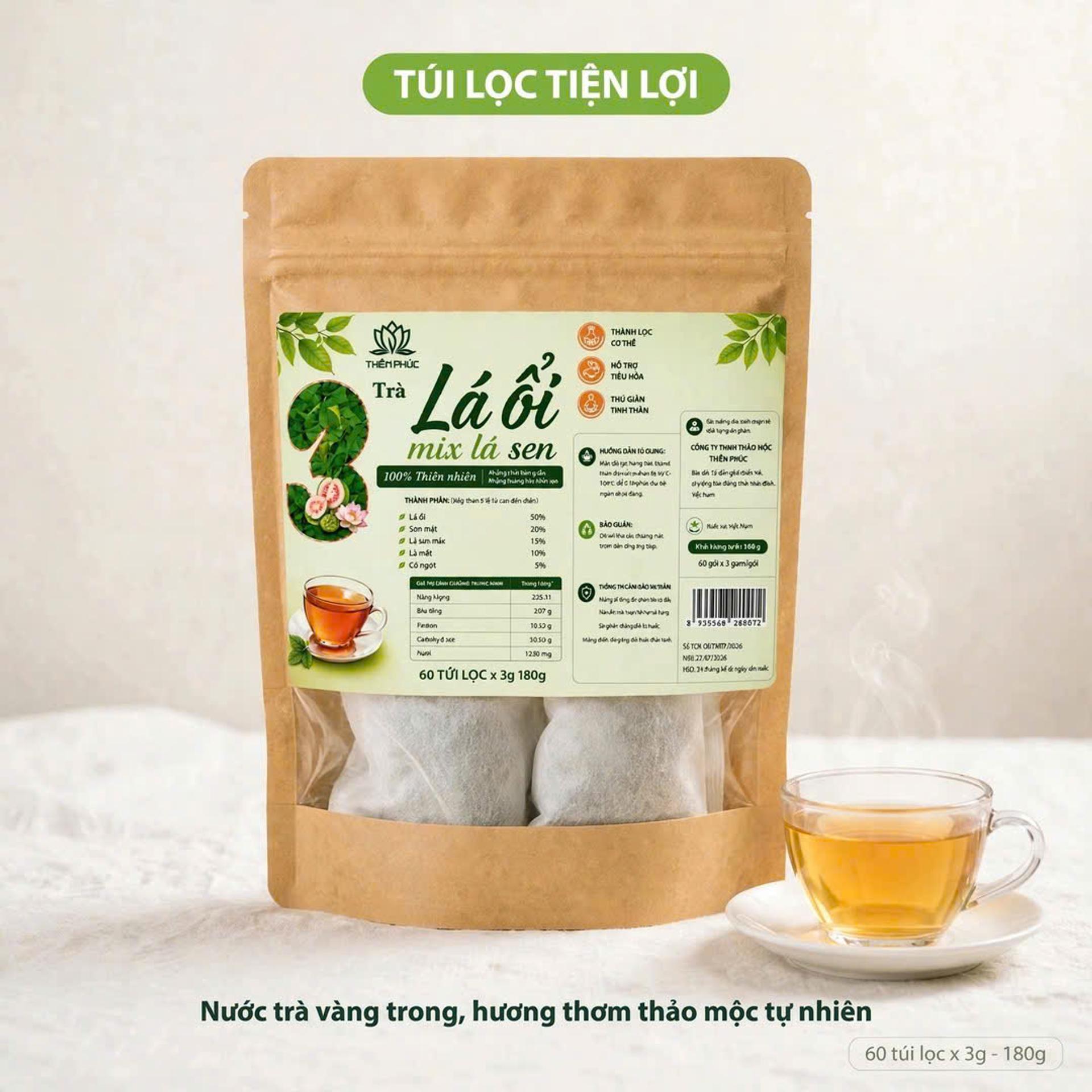 Trà Lá Ổi Mix Lá Sen (Hộp 60 Túi Lọc) Hỗ trợ thanh lọc cơ thể, giảm cảm giác ì ạch, tốt cho tiêu hóa - Trà thảo mộc túi lọc Tĩnh Diệp - Ảnh 6
