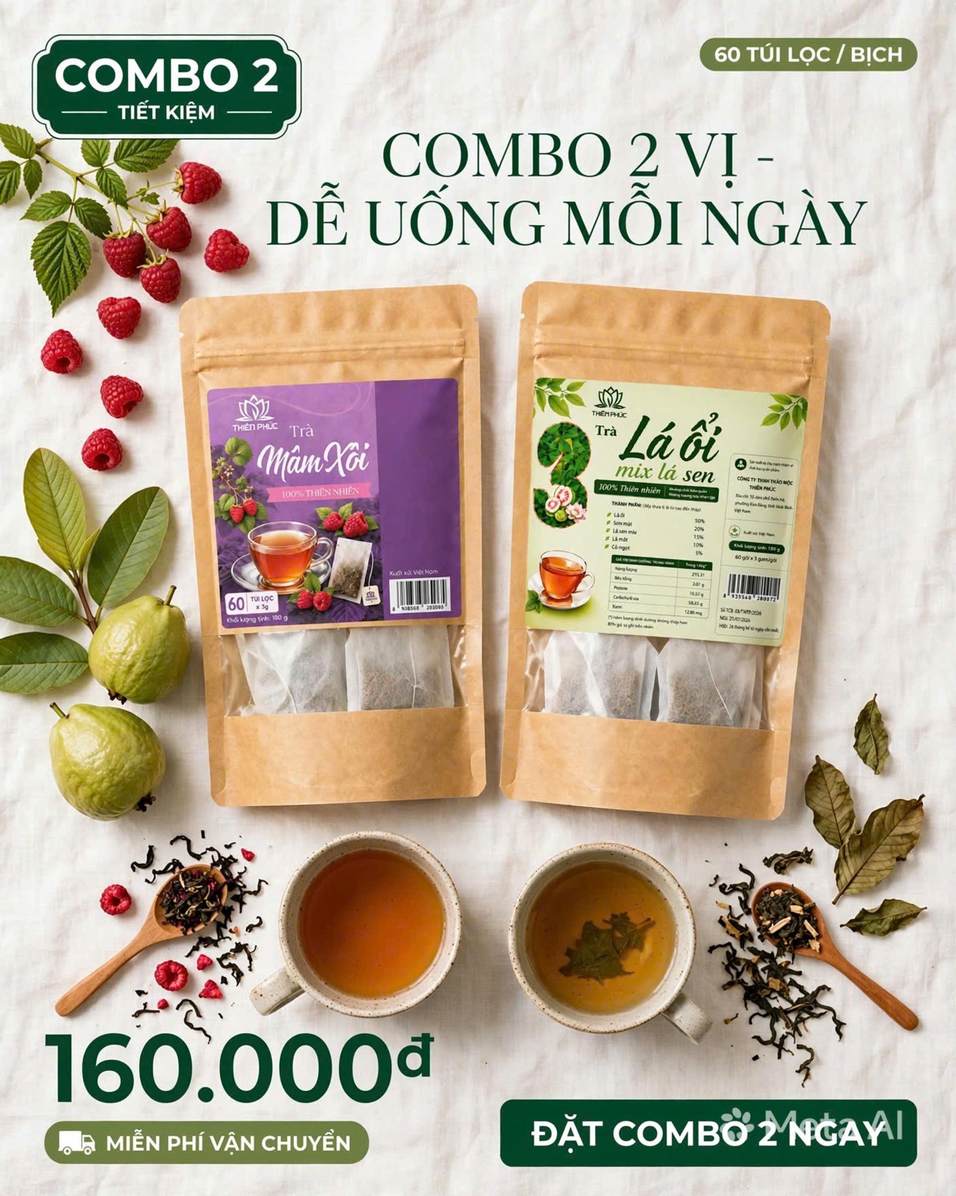 Combo Trà Lá Ổi & Trà Mâm Xôi - Thanh Nhẹ Mỗi Ngày - Trà thảo mộc túi lọc Tĩnh Diệp - Ảnh 1