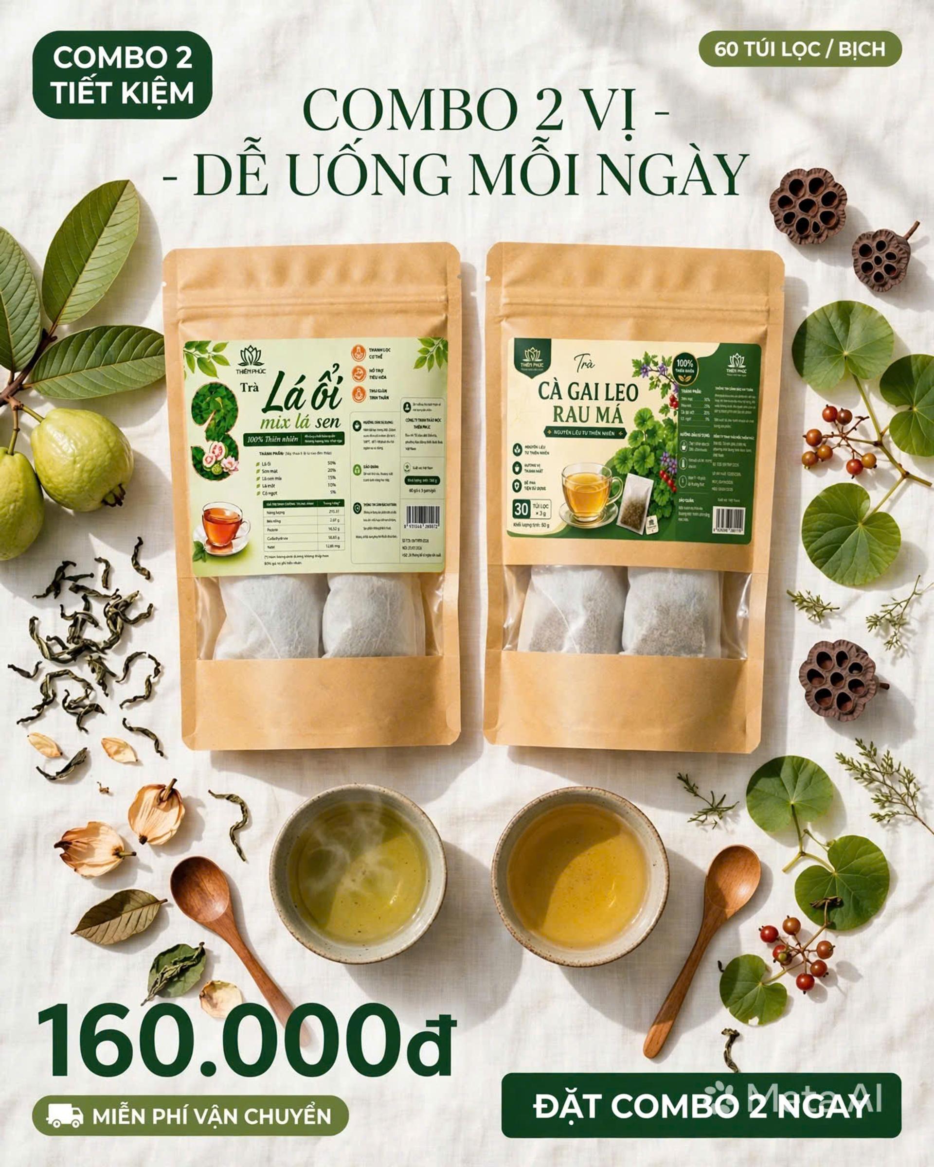 Combo Thanh Mát Tĩnh Diệp: Trà Lá Ổi Lá Sen & Cà Gai Leo Rau Má - Trà thảo mộc túi lọc Tĩnh Diệp - Ảnh 1