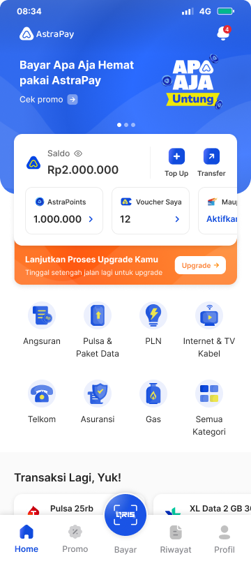 AstraPay homepage with continue upgrade banner