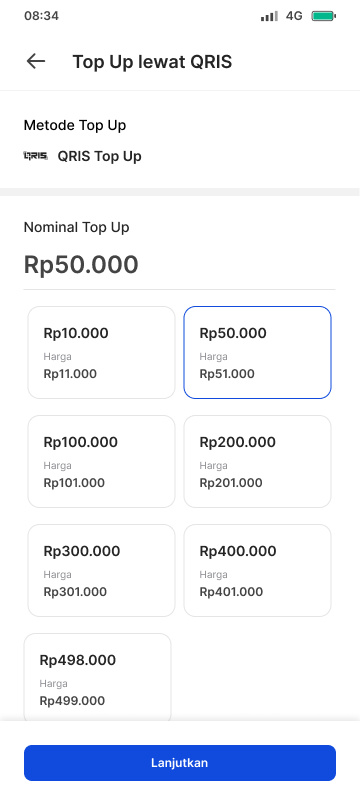 QRIS top up amount and fee selection