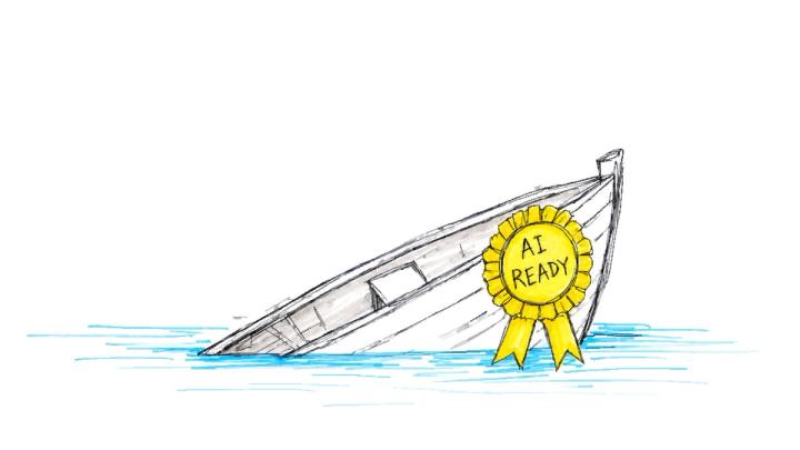 A gold prize rosette ribbon reading "AI READY" pinned to a small rowboat that is sinking into the water.