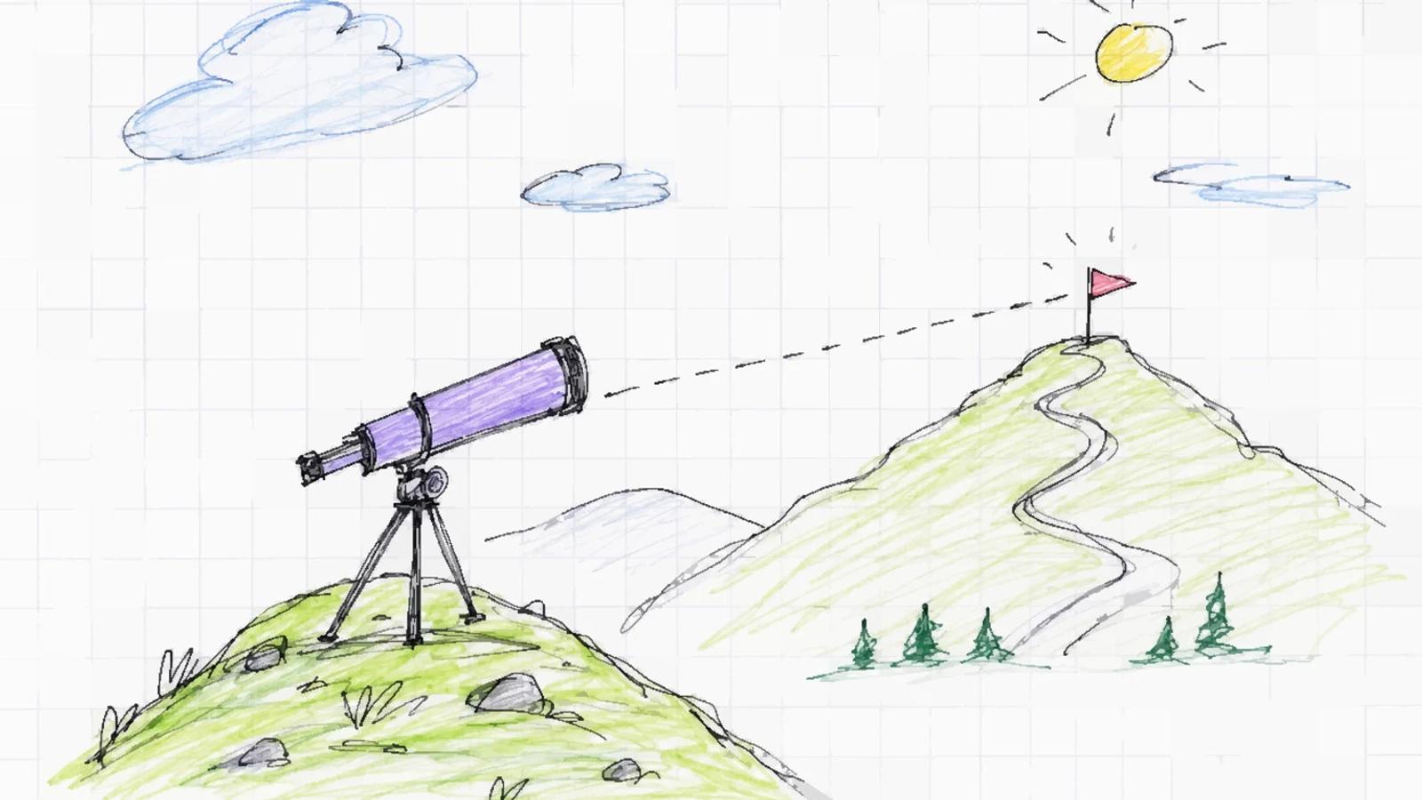 A small telescope on a hill scanning the horizon where a tiny flag marks the next step.