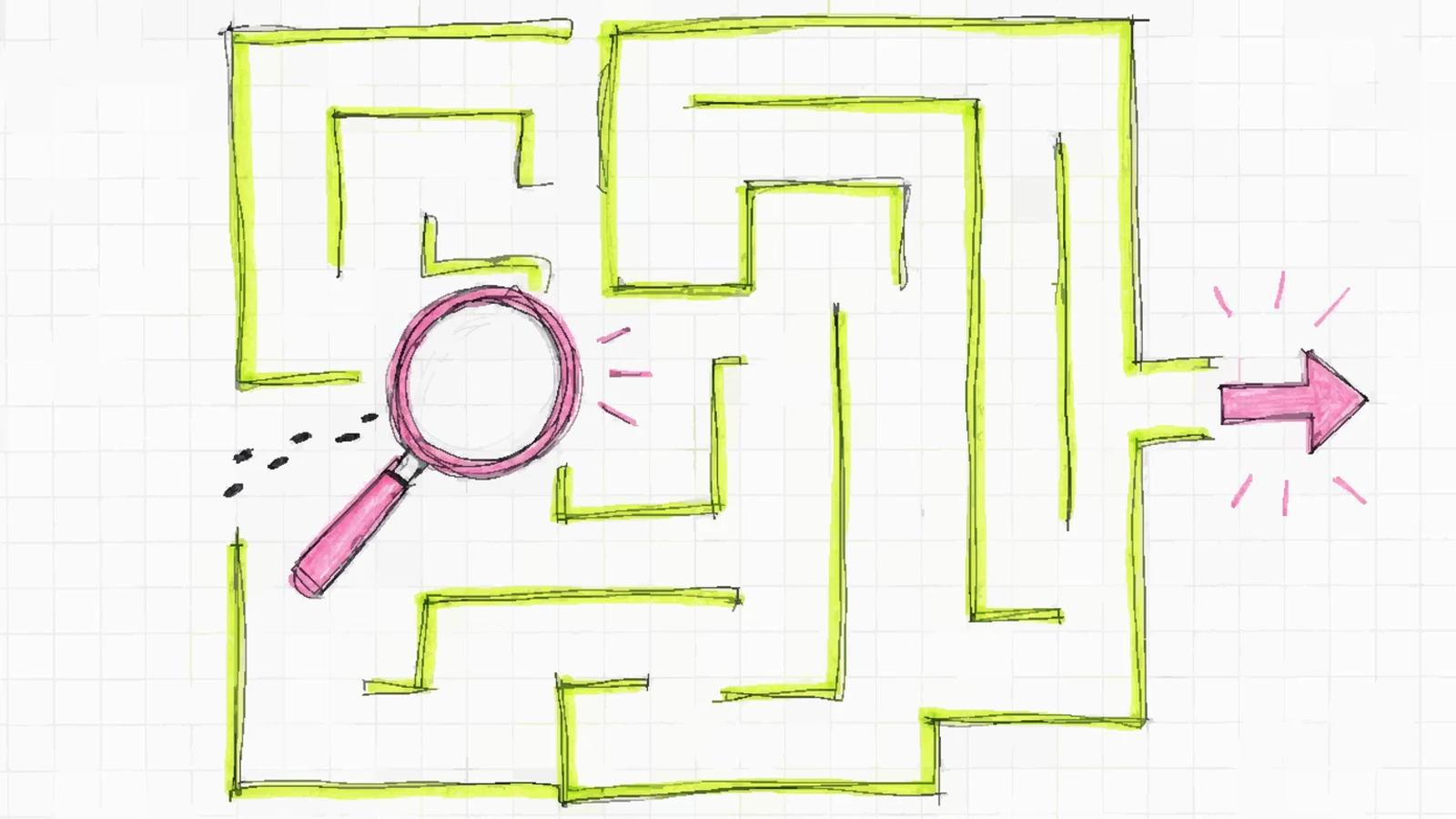 A magnifying glass wandering inside a doodled maze whose exit stands open.