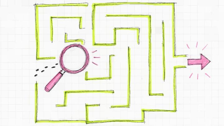 A magnifying glass wandering inside a doodled maze whose exit stands open.