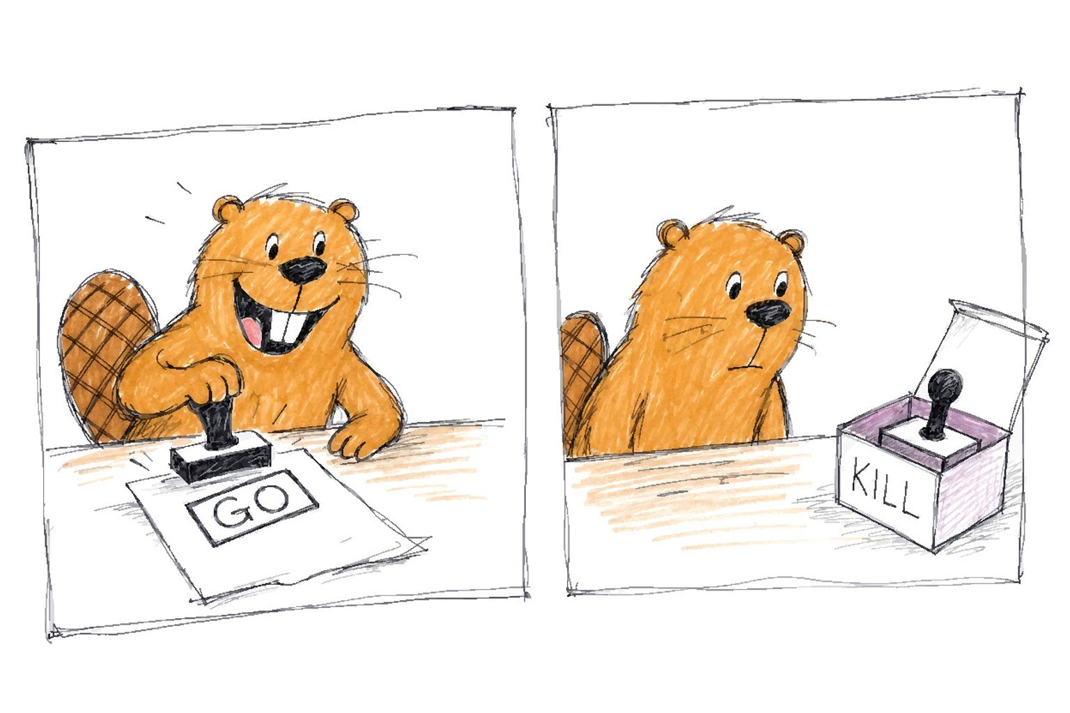 Two-panel comic strip with a beaver: left panel shows the beaver cheerfully stamping a document with GO, right panel shows the same beaver staring blankly at a pristine KILL rubber stamp still sitting in its unopened box