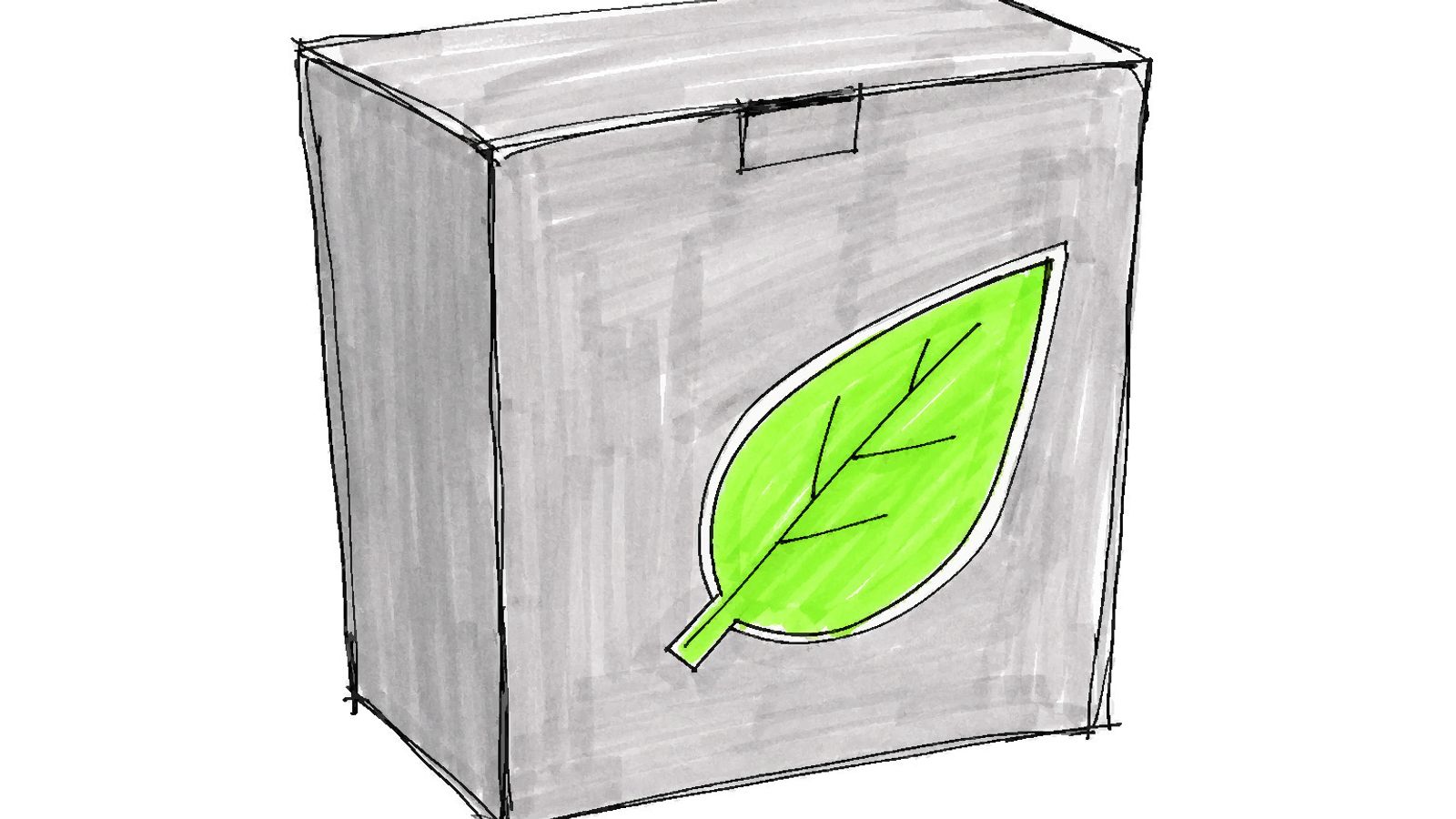 A plain cardboard box with a crooked bright green leaf sticker on the front.