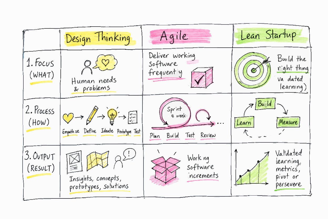 A three-column comparison table — Design Thinking, Agile, Lean Startup — across three labeled rows.