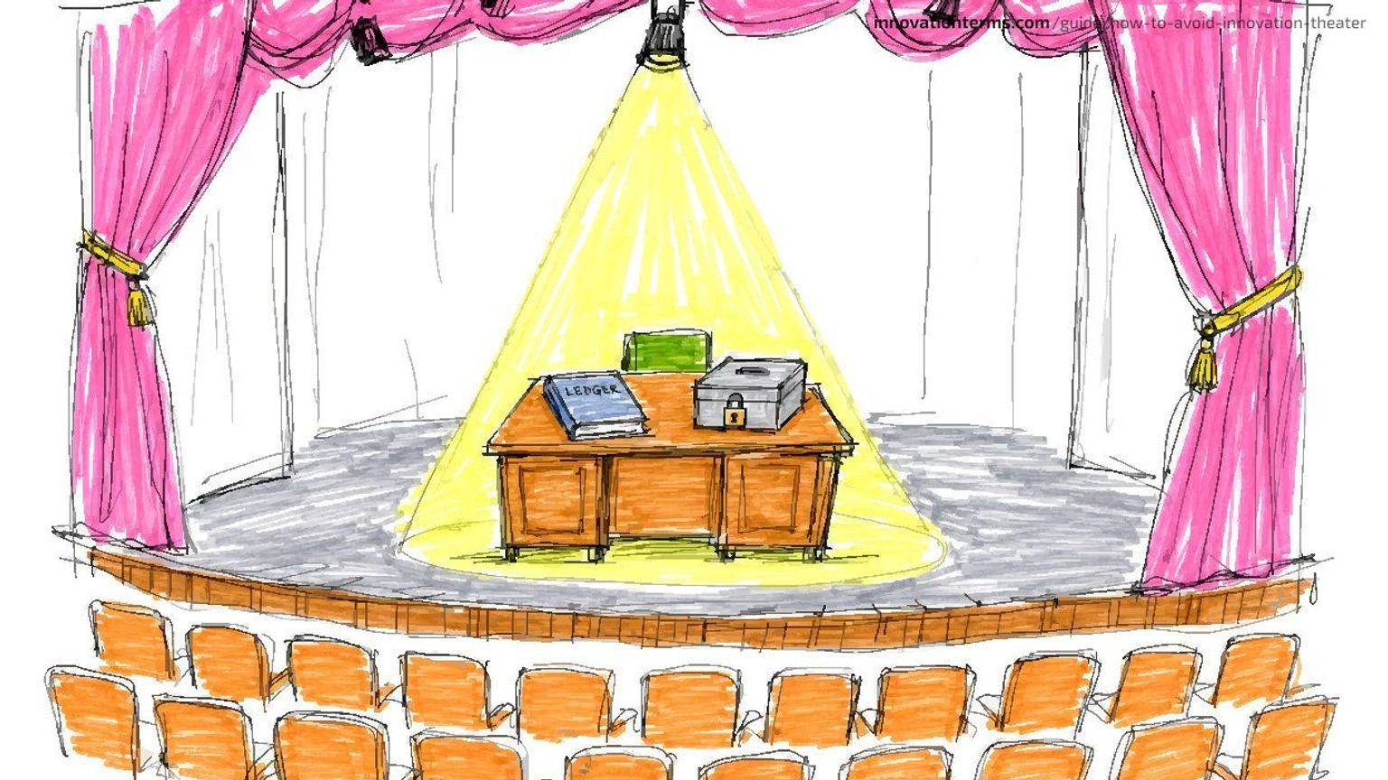 Un escenario de teatro vacío con cortinas rosas y filas de asientos naranjas frente a un escritorio que sostiene un libro mayor y una caja de caudales cerrada con llave bajo un foco.