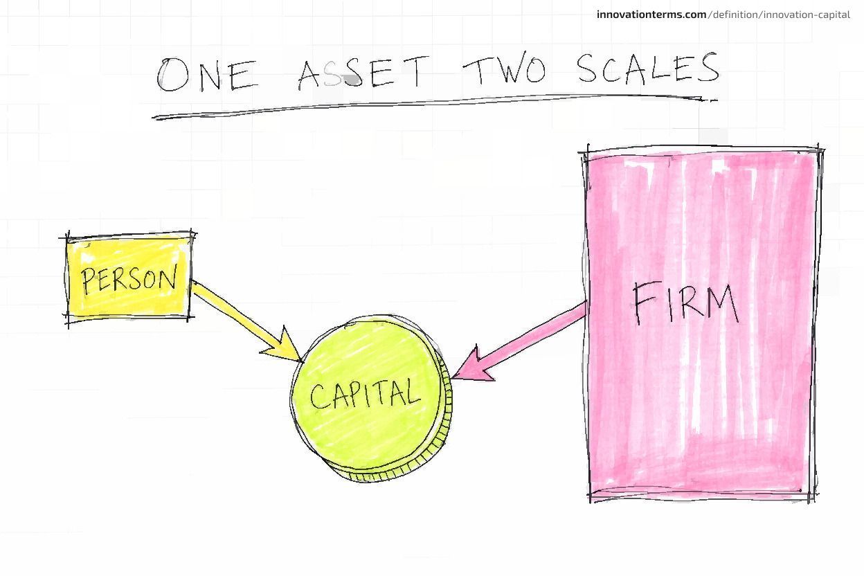 A diagram titled "One Asset Two Scales" with a small box labeled Person and a large box labeled Firm, both arrows pointing to a central coin labeled Capital.