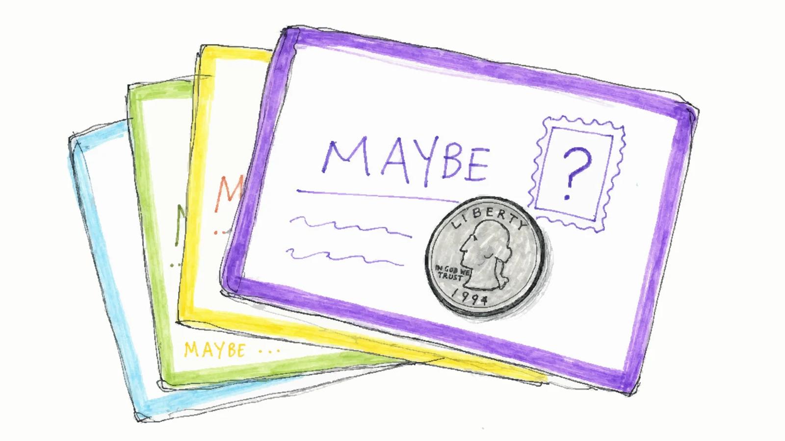 A stack of faint maybe-cards behind one stamped card pinned down by a coin.