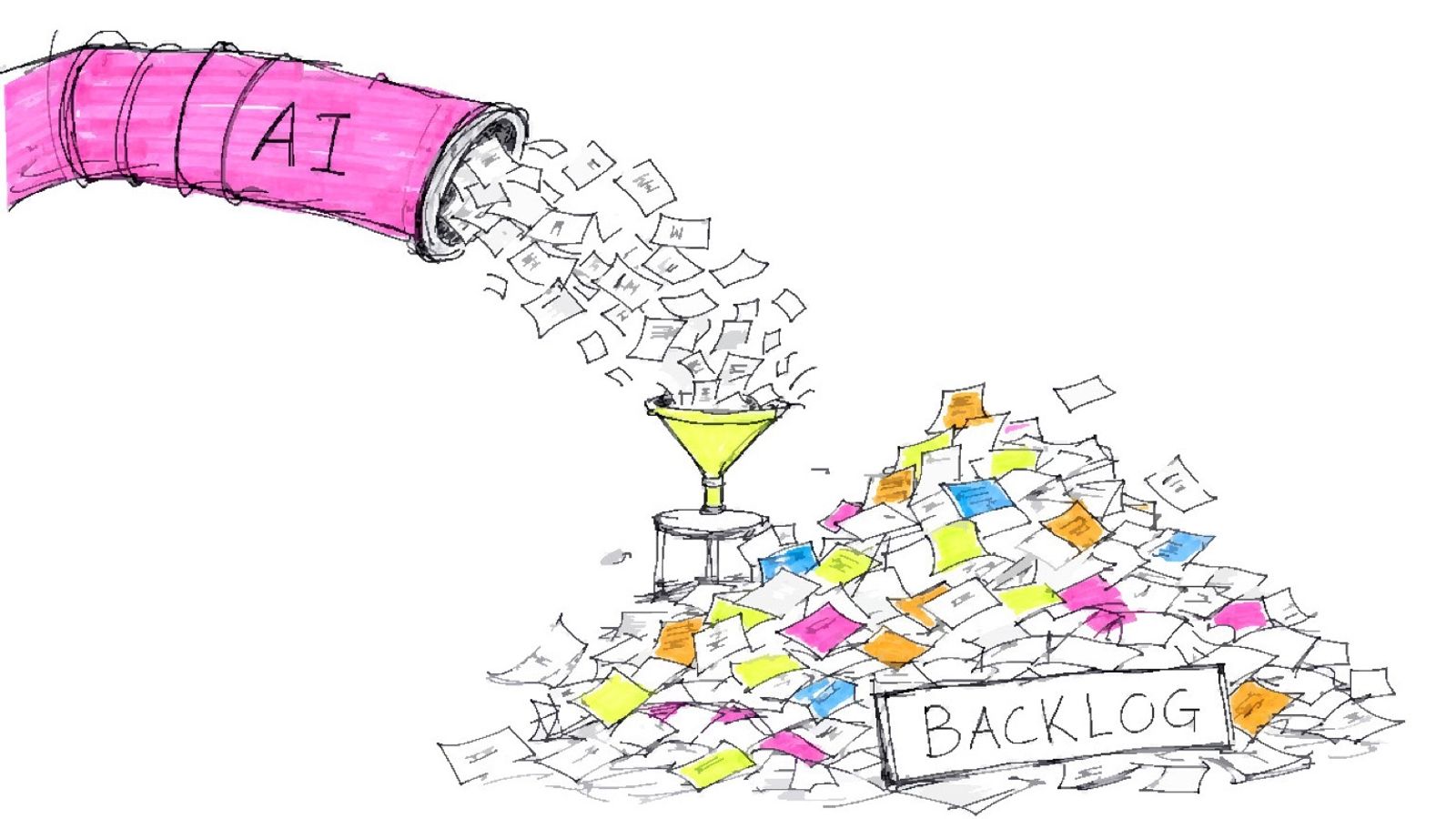 A giant hose labeled AI gushing a torrent of paper into a tiny funnel, with most of the paper overflowing into a large pile labeled Backlog.