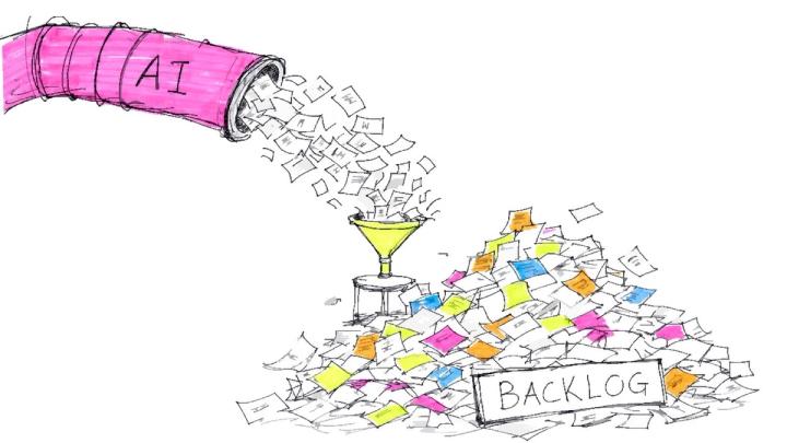 A giant hose labeled AI gushing a torrent of paper into a tiny funnel, with most of the paper overflowing into a large pile labeled Backlog.
