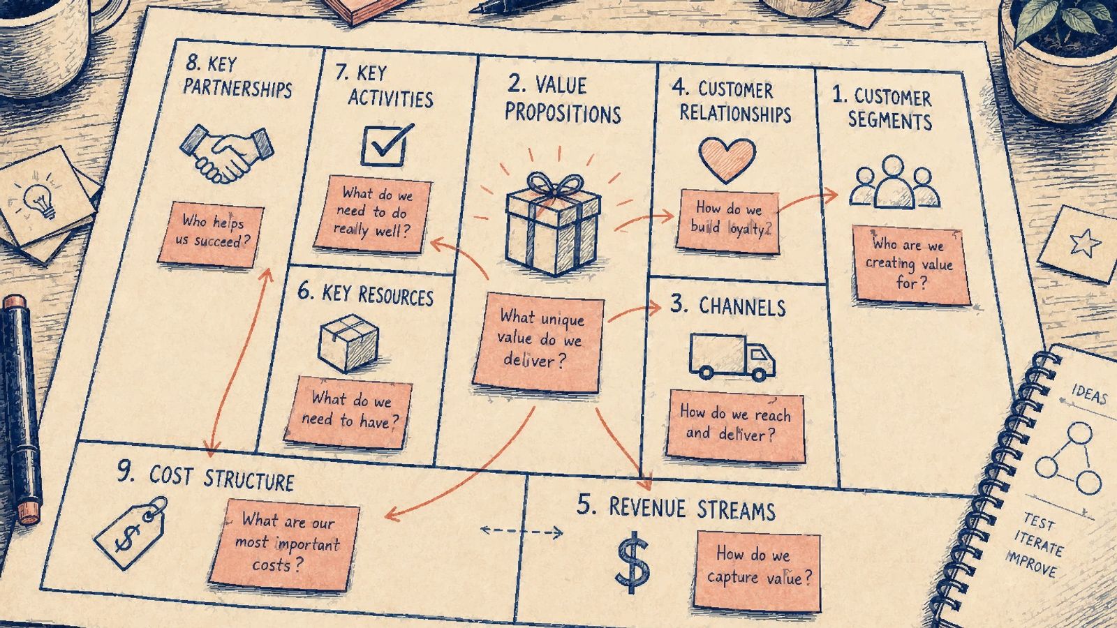 Handgezeichnetes Business Model Canvas Arbeitsblatt auf einem Workshop-Tisch, das neun beschriftete Blöcke mit Haftnotizzetteln und Pfeilen zeigt, die die kundenorientierte Seite mit der operativen Seite verbinden.