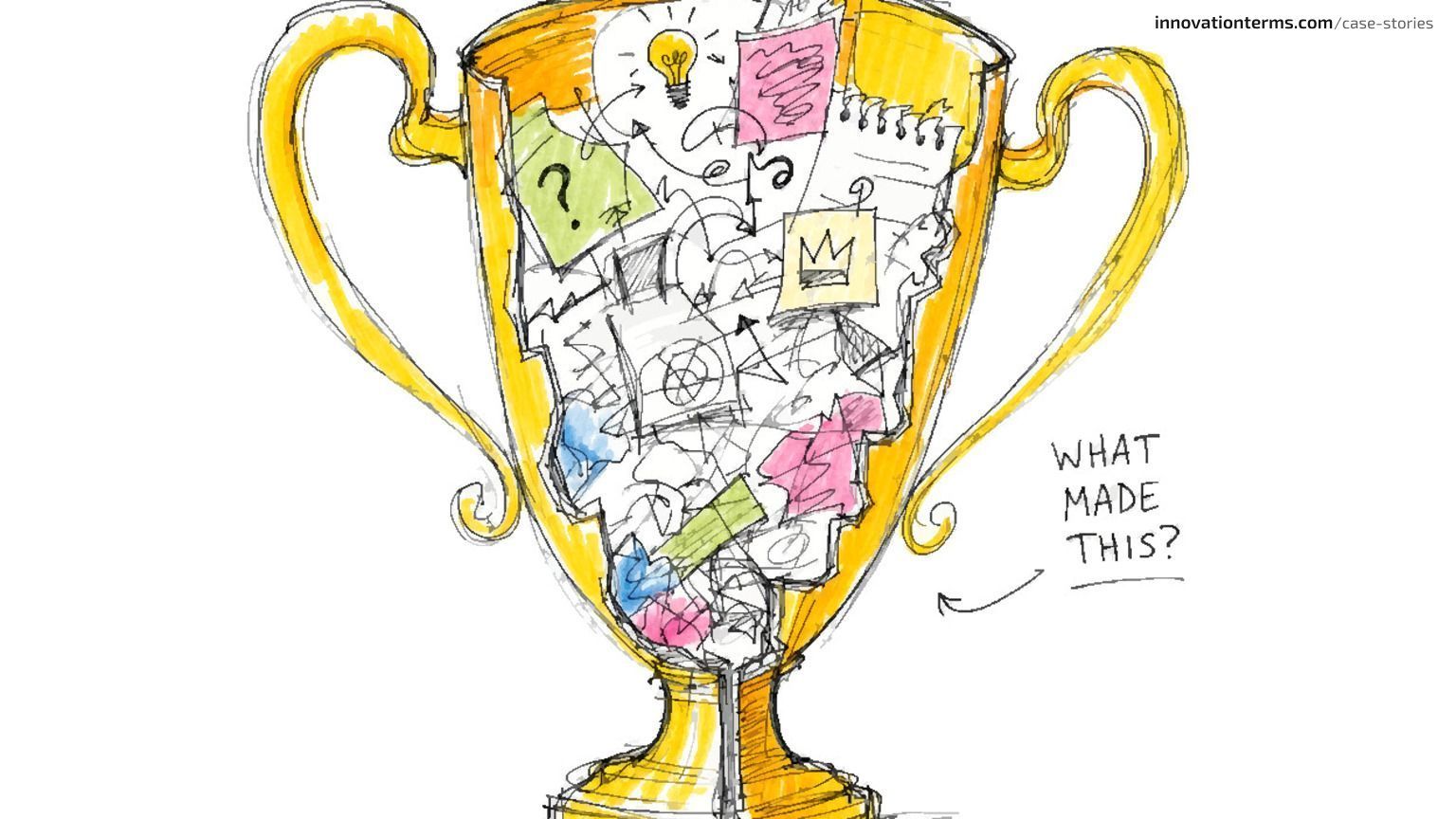 A tall winner's trophy cup with its bowl full of scribbled notes, sticky