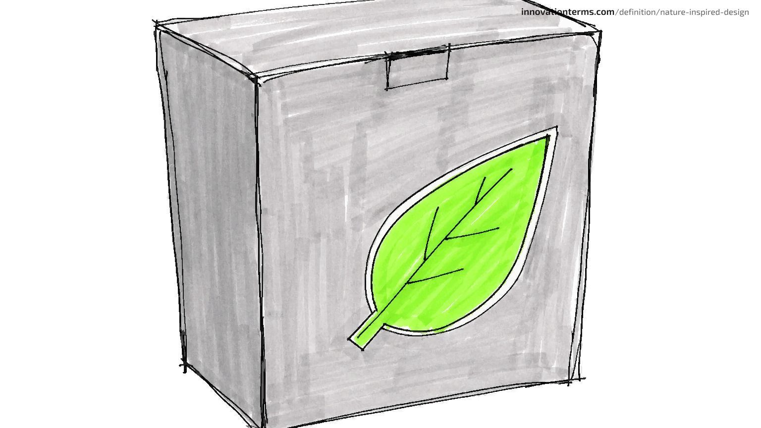 Uma caixa de papelão simples com um adesivo de folha verde brilhante torto na frente.