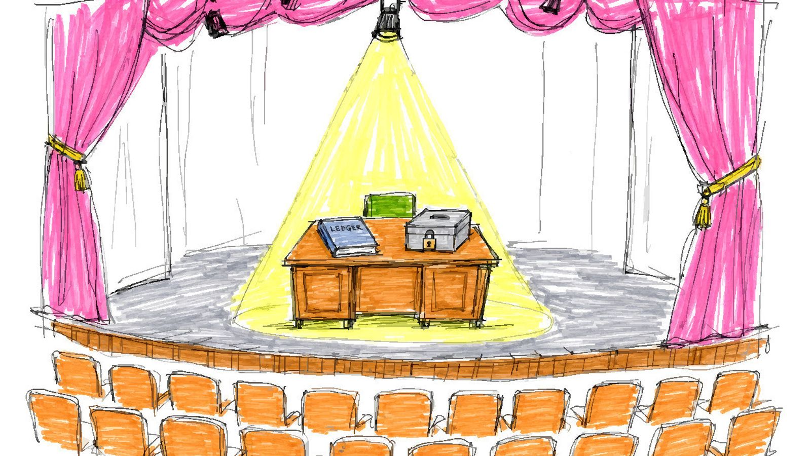 Um palco de teatro vazio com cortinas cor-de-rosa e filas de assentos laranja, de frente para uma mesa que contém um livro-razão e uma caixa de dinheiro trancada sob um holofote.