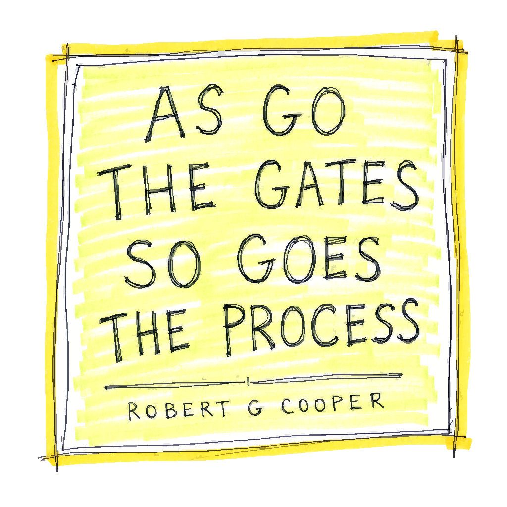 Quote card reading AS GO THE GATES SO GOES THE PROCESS attributed to ROBERT G COOPER