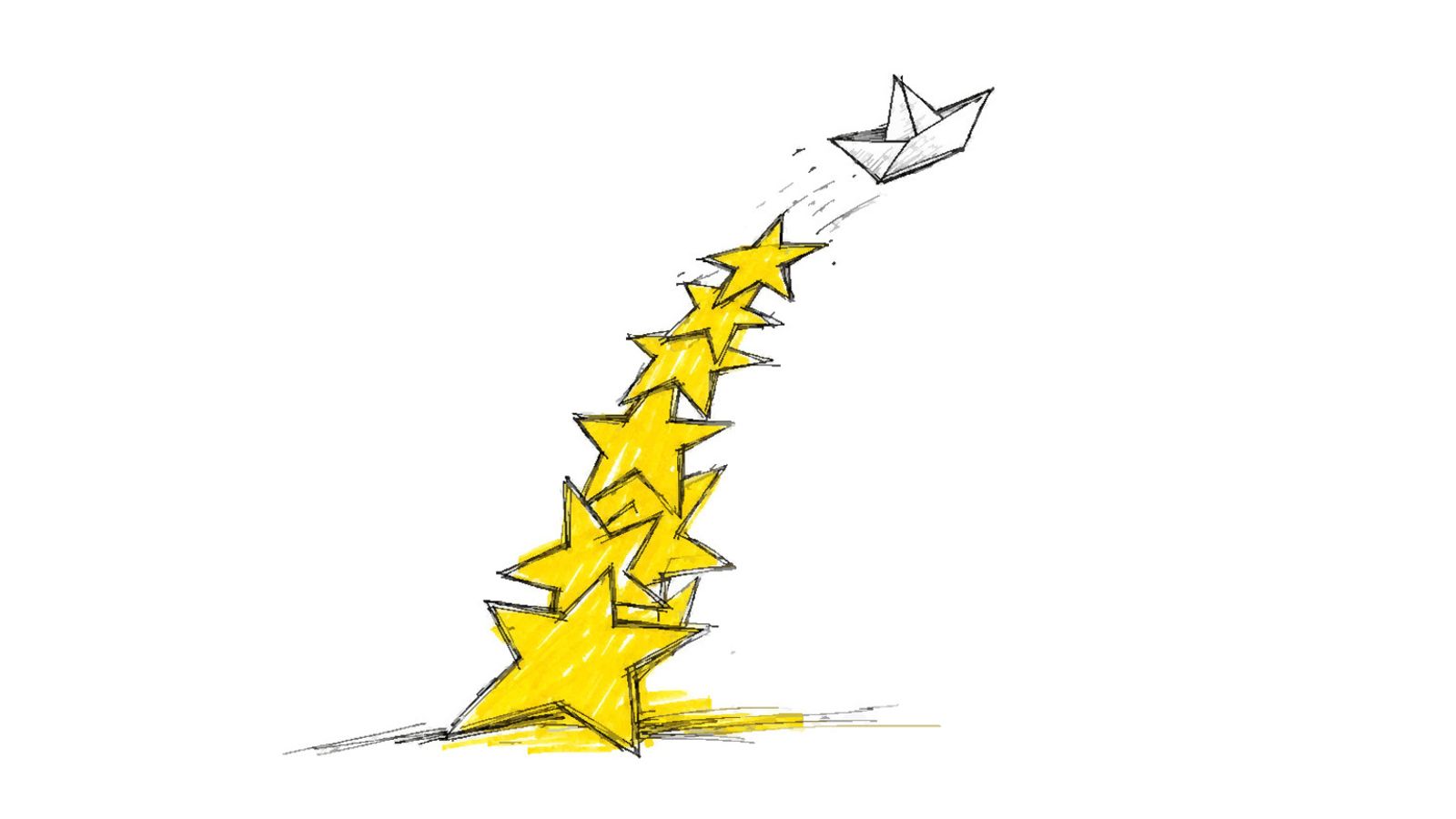 Um pequeno barco de papel navegando a partir do topo de uma pilha alta e inclinada de estrelas douradas.