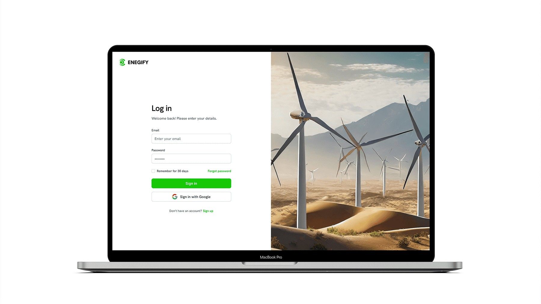 Enegify log-in screen with wind turbines on a laptop