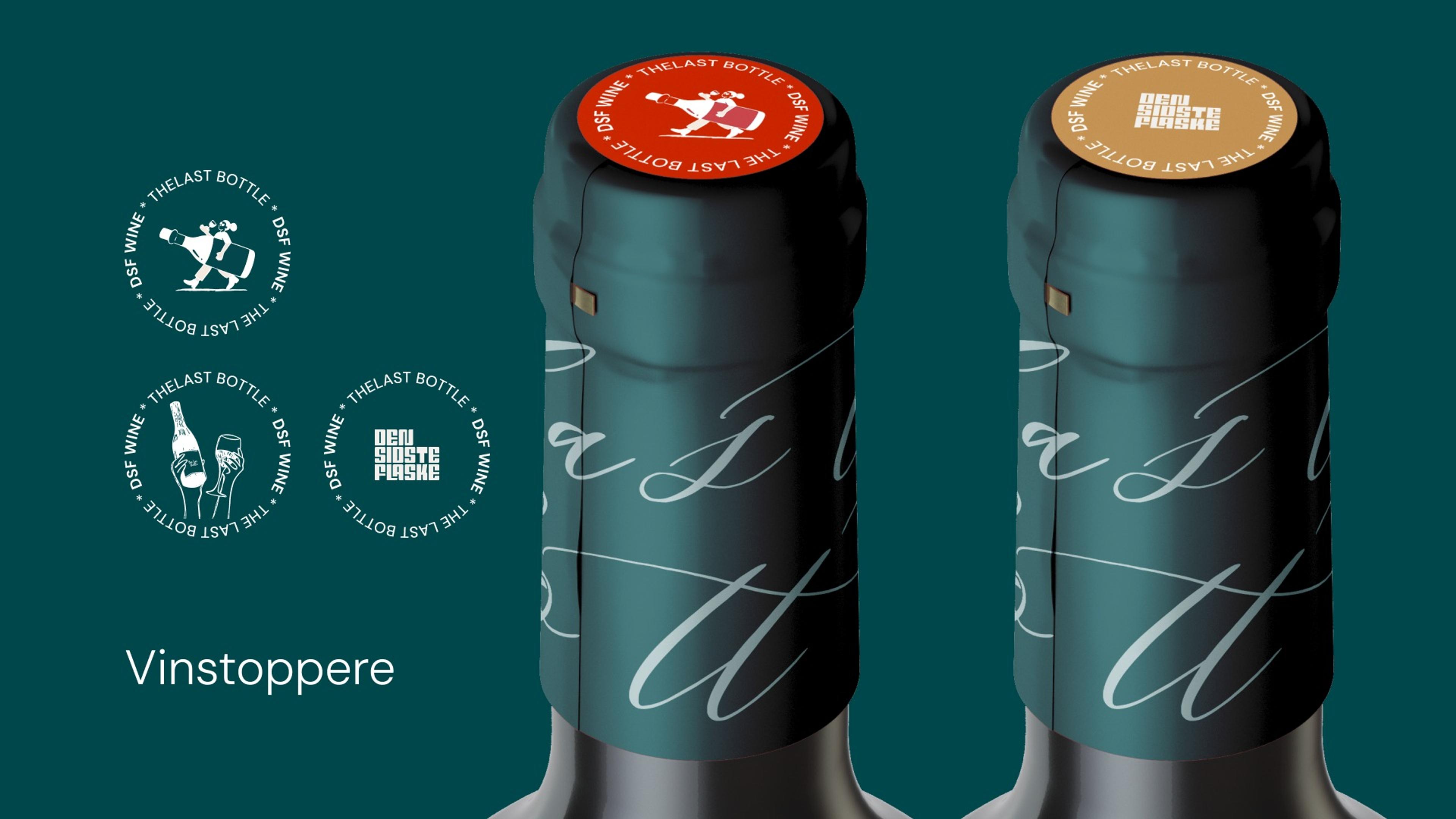 Branded wine stoppers on two bottles