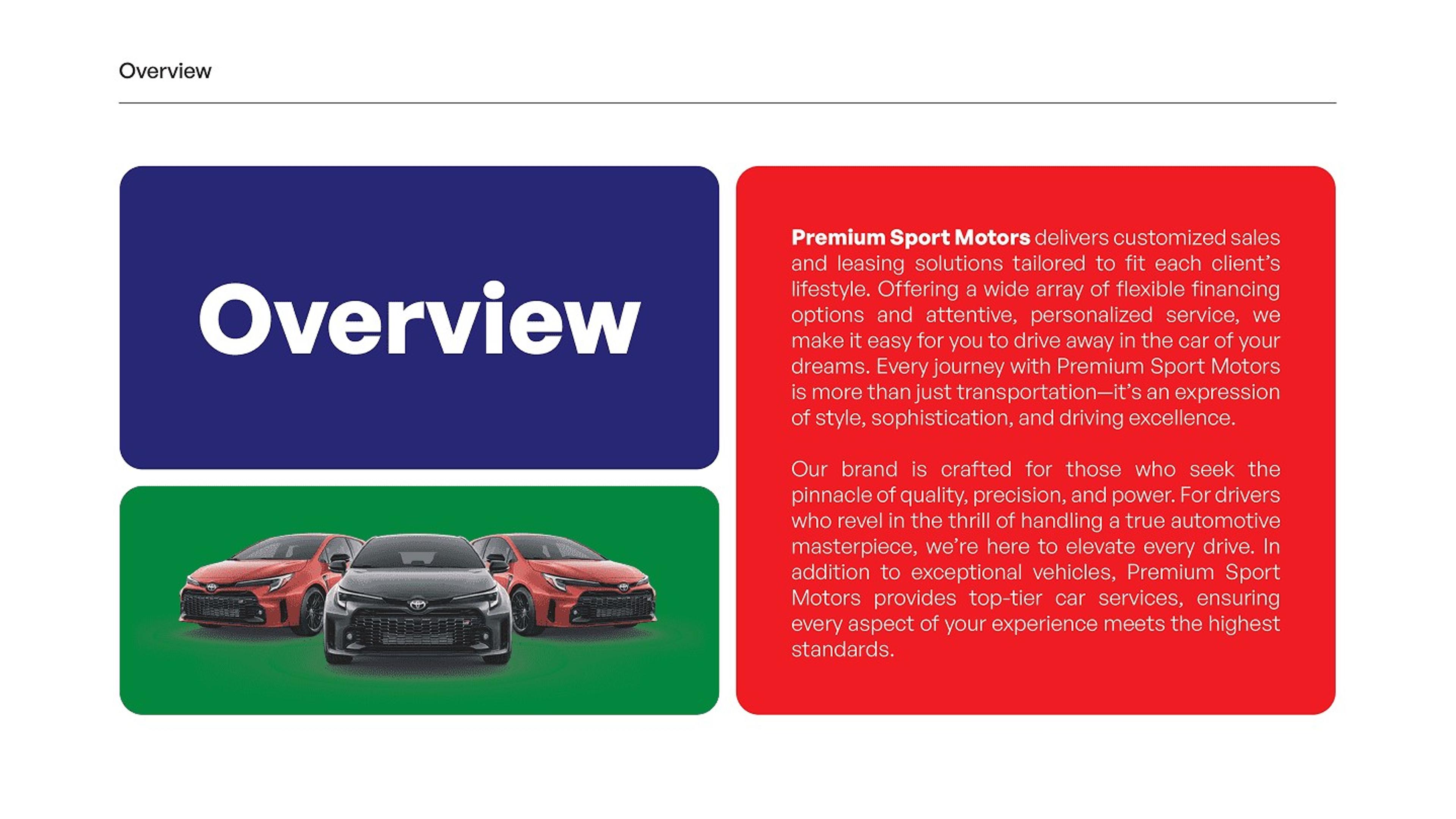 Overview page in navy, green and red blocks